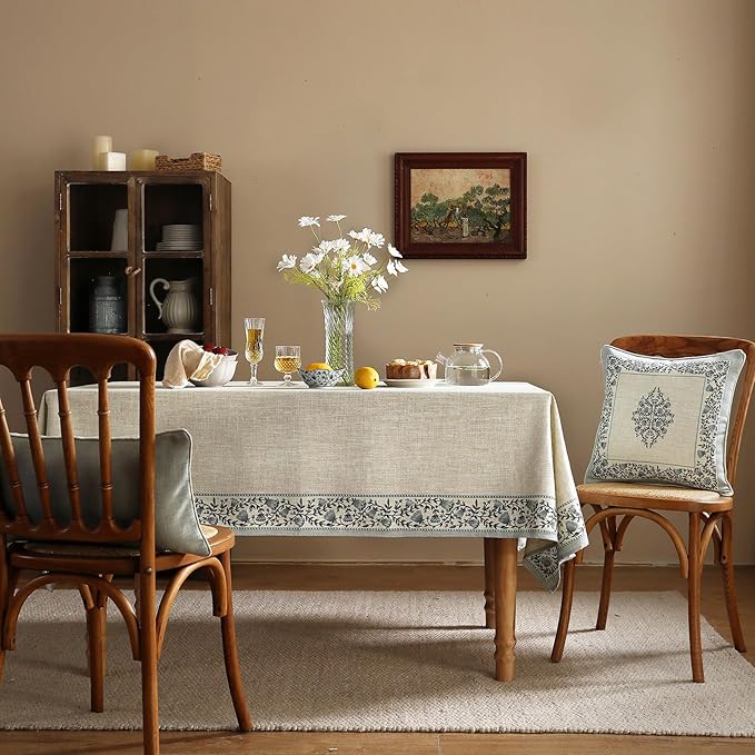 ISAENNE Designer Vintage Linen Elegant Rectangular Tablecloth,Chinoiserie Floral Indoor Table Cloth,Wrinkle Resistant Decor Table Cover for Dining Thanksgiving Kitchen,55"*79"-Segerman B