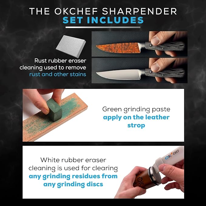 Rolling Knife Sharpener with doble side Leather Strop and 15,18, 20 & 22 Degree Angles -Knife Sharpener Kit- Roller Knife Sharpening System with Stand Holder Rust Rubber Eraser