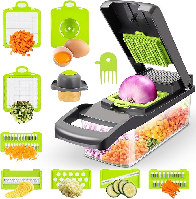 15-in-1 Vegetable Chopper & Mandoline Slicer by Global Digitronix – BPA-Free Veggie Cutter with Stainless Steel Blades, Onion Chopper & Food Dicer, Fruit & Vegetable Slicer – Black & Green
