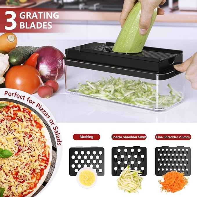 Vegetable Chopper, Onion Chopper Dicer, Mandoline Slicer, Food Chopper with Container, Vegetable Cutter for Salad Potato Carrot Garlic（9 Blades, Black）
