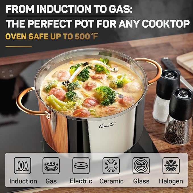 Stock Pot 12 Quart, 18/10 Tri-Ply Stainless Steel All Clad Stock Pot with Lid, Seamless 12 QT Cooking Pot with Copper Handle, Healthy Stockpots, Induction, Gas, Oven and Dishwasher Safe