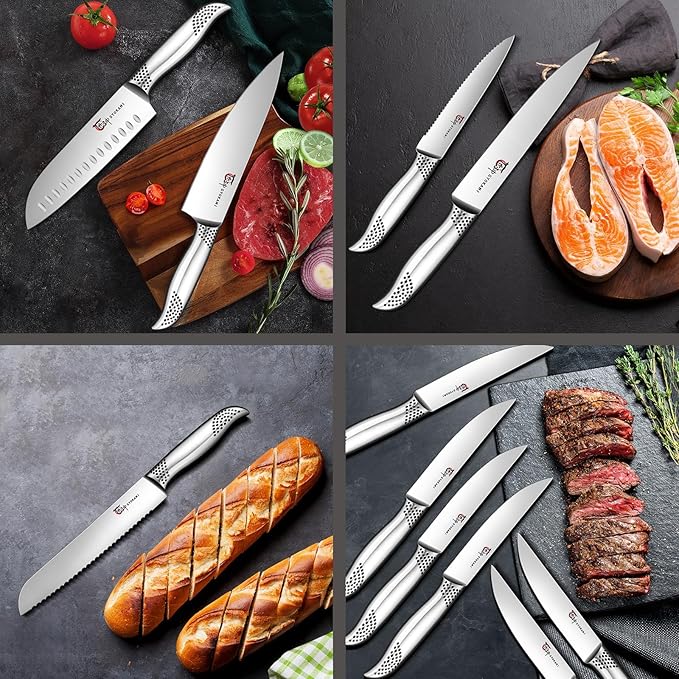 Japanese Knives Set for Kitchen, Magnetic Knife Set with Block and Sharpener, Stainless Steel Knife Set as Gift for Couple, Wedding, Women or Mom with Gift Box, 14 PCS Black Dot