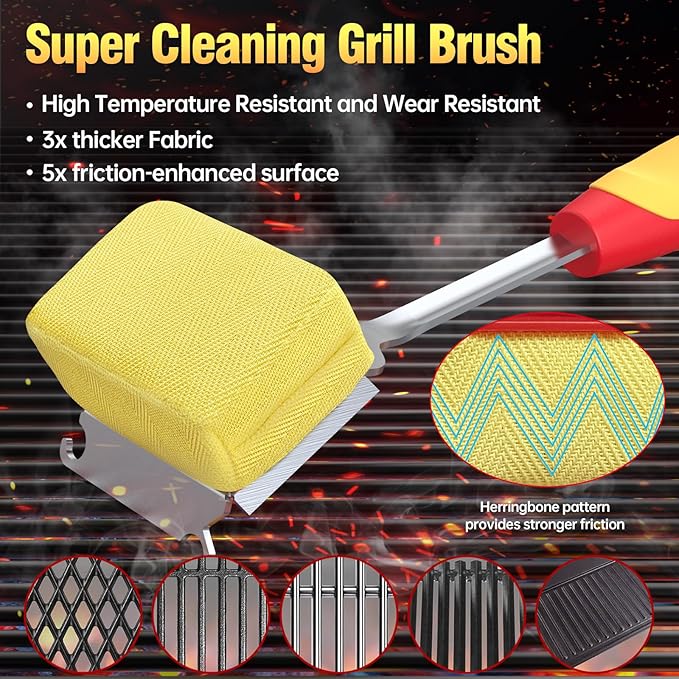 Grill Cleaning Brush Bristle Free Outdoor 19inch Extended Handle Grill Cleaner Brush for Cast Iron Stainless-Steel Grates, Replaceable BBQ Cleaning Brush Head, Steam Safe Grill Brush with Scraper, Red