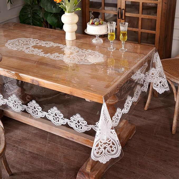 Clear Table Cover Protector Vinyl Table Cloth Rectangle Oil Spill Proof Vintage Rustic Plastic Table Covers for Dining Tables (White Lace, 60 x 84 Inches)