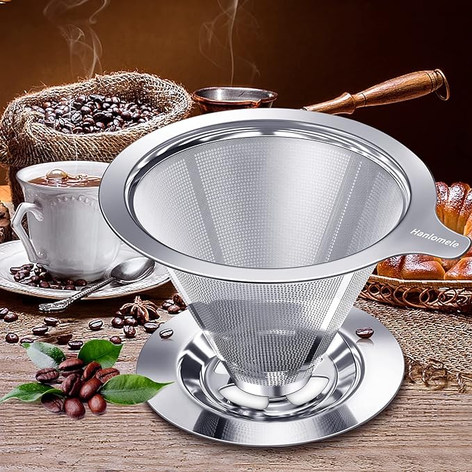 Pour Over Coffee Dripper, Paperless Reusable Coffee Filter, Pour Over Coffee Maker for Single Cup Brew, Double Mesh Design of Stainless Steel Cone Filter for Perfect Extraction (1-4 Cup)