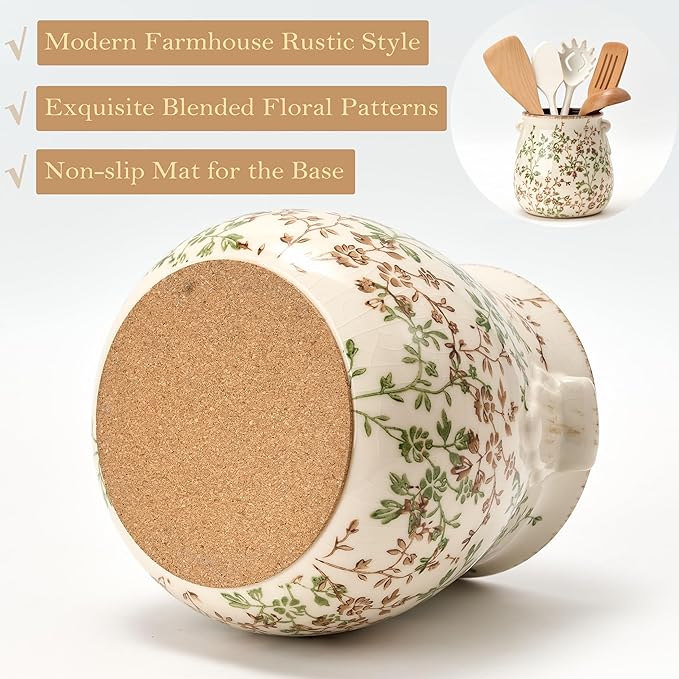 Utensil Holder for Kitchen Counter, Modern Farmhouse Rustic Cooking Utensil Holder and Crock, Exquisite Chinoiserie Floral Ceramic Utensil Organizer for Home Kitchen Decor- Green and Beige