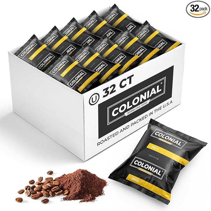 Colonial Coffee 32 Count Single Pot Coffee Packets – 100% Arabica Vanilla Flavored Medium Roast | Pre-Measured Frac Packs for 12 Cup Maker | Bulk Ground Gourmet Coffee for Home & Office