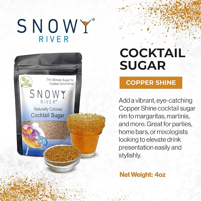 Snowy River Copper, Cocktail & Margarita Sugar Rimmer - Vibrant Color Glass Rimming Sugar with Medium Crystal Texture - 4oz
