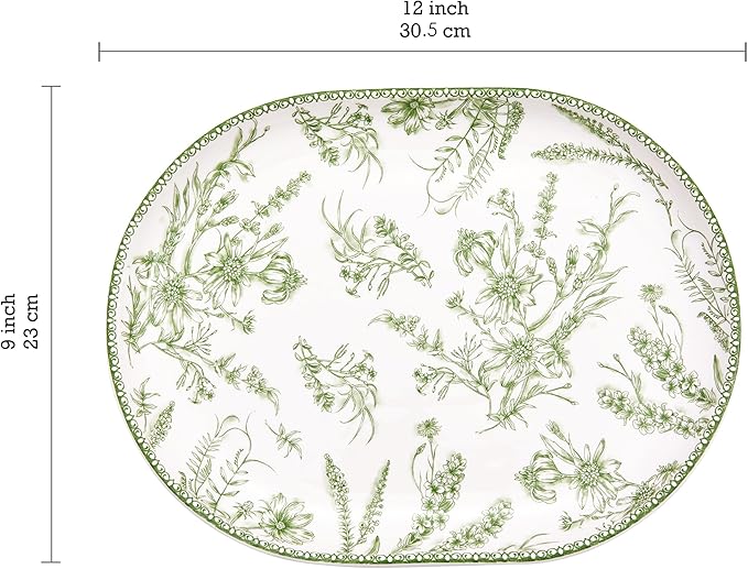 Bico Green Garden Toile De Jouy 16 plus 12 inch Oval Platters Set, Set of 2, Microwave and Dishwasher Safe, for Serving Fish, Chicken, Turkey