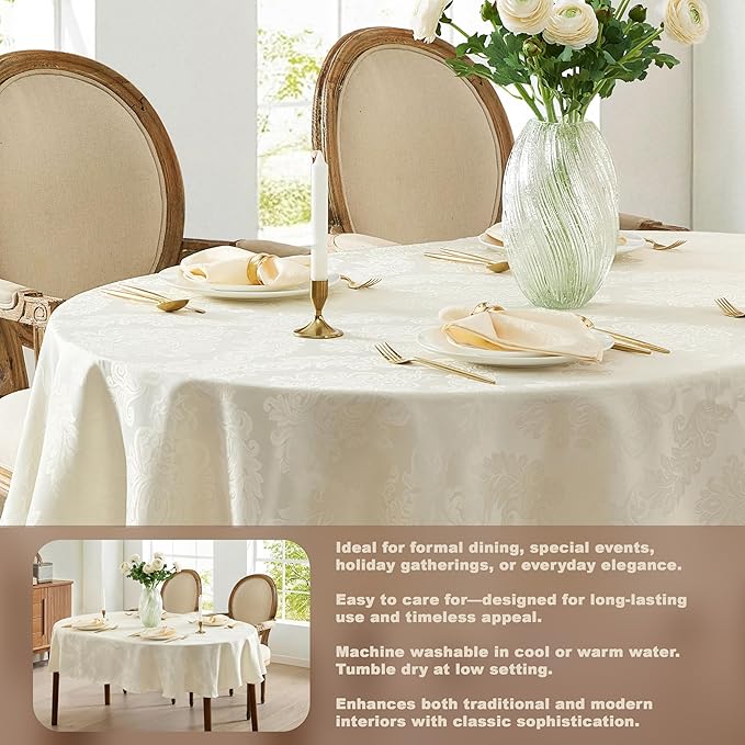 Newbridge Barcelona Luxury Damask Fabric Tablecloth, 60” Wide x 120” Oval, Antique White, 100% Polyester, No Iron, Soil Resistant Dining Room, Party and Banquet Table Cover