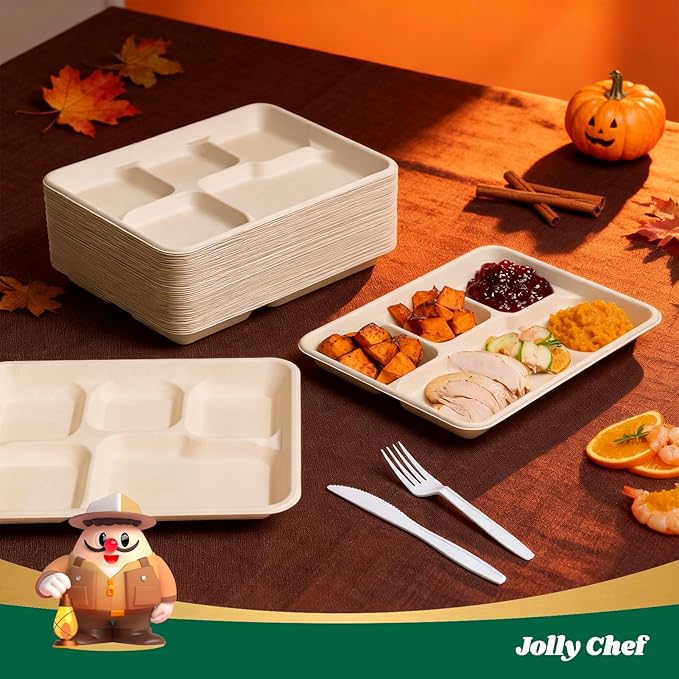 JOLLY CHEF Compostable 5 Compartment Paper Plates 10 * 8.25 * 1 inch 125 Pack Small Disposable Eco-Friendly Biodegradable Food Trays for Primary and Secondary School Students’ Lunch (Brown)