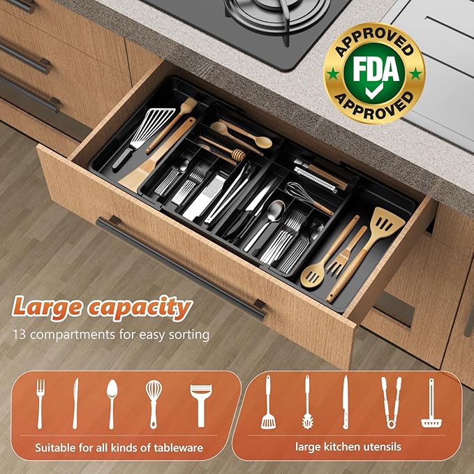 Large Silverware Drawer Organizer,utensil drawer organizer Adjustable Flatware and Cutlery Holder BPA Free Plastic Utensil Tray for Kitchen Spoons Forks Knives Black 21.6 to 38 Inches