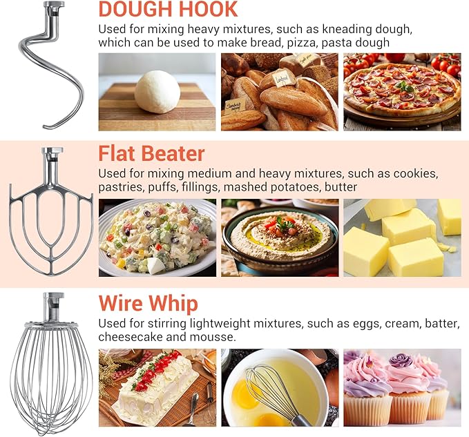 10 QT Dough Mixer, Food Commercial Industrial Grade Stand Mixer with Stainless Steel Bowl and 3 Types of Mixing Tools, Built for Professional Baking: Effortlessly Handles Large Recipes