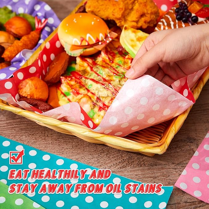 Fulmoon 300 Sheets Waxed Deli Paper Sheets for Food 12 x 12 Inch Polka Dot Dry Wax Paper Greaseproof Food Basket Liners Sandwich Wraps for Wrapping Bread Baking BBQ Picnic Party (Multicolor)
