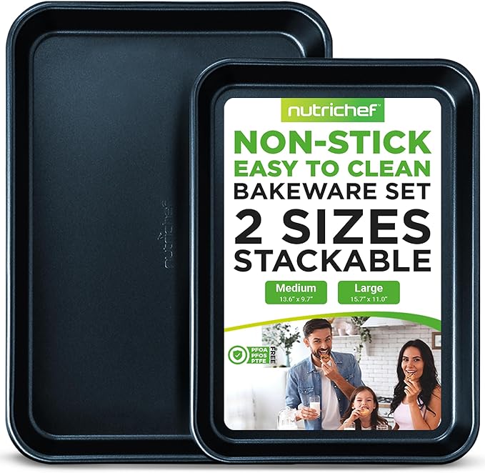 NutriChef 2-Piece Baking Sheet Non Stick - Premium Carbon Steel Cookie Sheets for Baking - Large and Medium Baking Trays for Oven - Blue Diamond