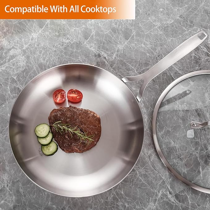 DELARLO 10inch Tri-Ply Stainless Steel Pan with lid, Induction Stainless Steel Frying Pan With Lid, Oven Safe Skillet 10in, Heat quickly and evenly, Durable Stainless Steel Cookware