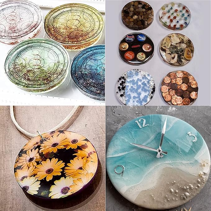 FUNSHOWCASE Circle Mold Epoxy Resin Cement, DIY Coaster Pop Socket Jewelry, 7-Cavity Round Disc 9inch 5inch 4inch 1.5inch 1inch