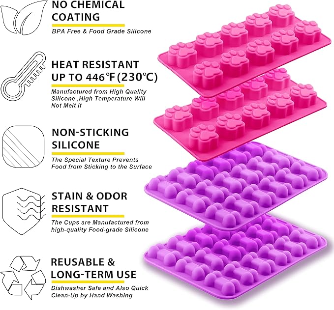 Anaeat Reusable Silicone Molds with Puppy Dog Paw and Bone Shaped, Flexible & Non-Stick Ice Cube Tray, Candy and Chocolate Making Mold for Homemade Baking Dog Treats, Jelly, Biscuit & Cupcake (4 Pack)