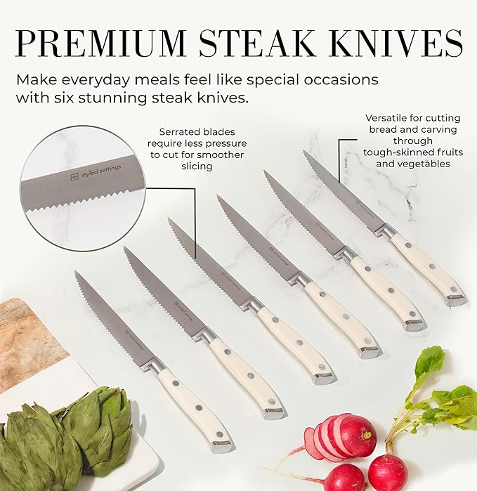 White Knife Set with Block – 14-Piece Forged Stainless Steel Knives with Triple Rivet Handles, Heavy-Duty Kitchen Shears, and Self-Sharpening Knife Block – Durable White Kitchen Accessories