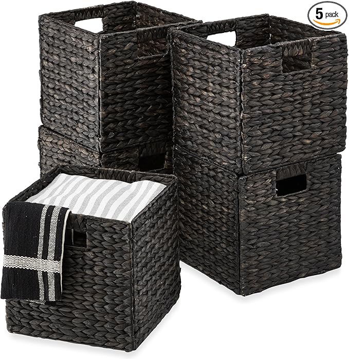 Best Choice Products 12x12in Pack of 5 Cube Storage Baskets, Water Hyacinth Multipurpose Collapsible Organizers, Handwoven Laundry Totes for Laundry, Living Room, Kids Room & Nursery - Black