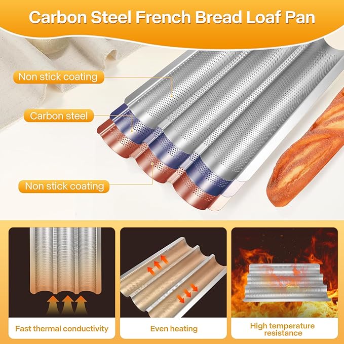 Baguette Pan, Baguette Bread Pan Perforated, Nonstick French Bread Baking Pan 3 Loaves with Proofing Cloth, Dough Cutter Kit for Home Baker, Baguette Tray 15x11 Inch Silver Bread Pan