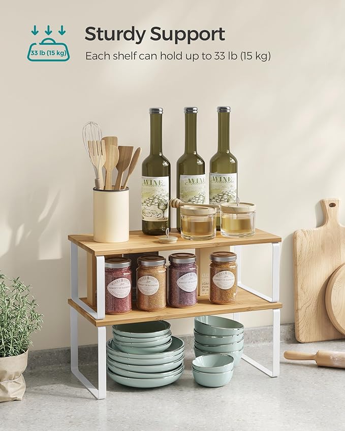 SONGMICS Cabinet Organizer Shelf, Set of 4 Kitchen Counter Shelves, Kitchen Storage, Spice Rack, Stackable, Expandable, Metal and Engineered Wood, Cloud White and Natural Beige UKCS210W01