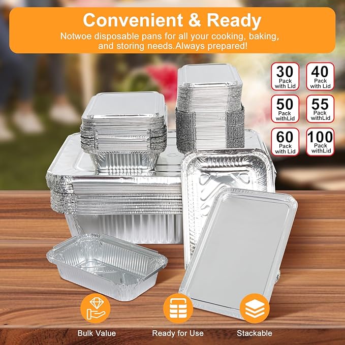 Notwoe® 50pc Disposable Aluminum Pans With Lids, 7x5 Combo Set, Disposable Baking and Cake Pan. (50 Pack w/Lids)