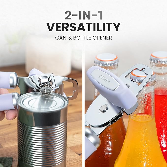 Zulay Kitchen Heavy Duty Stainless Steel Can Opener Manual with Bottle Opener - Rust Proof Manual Can Opener With Turn Knob & Comfy Soft Grip Handles - Light Lilac