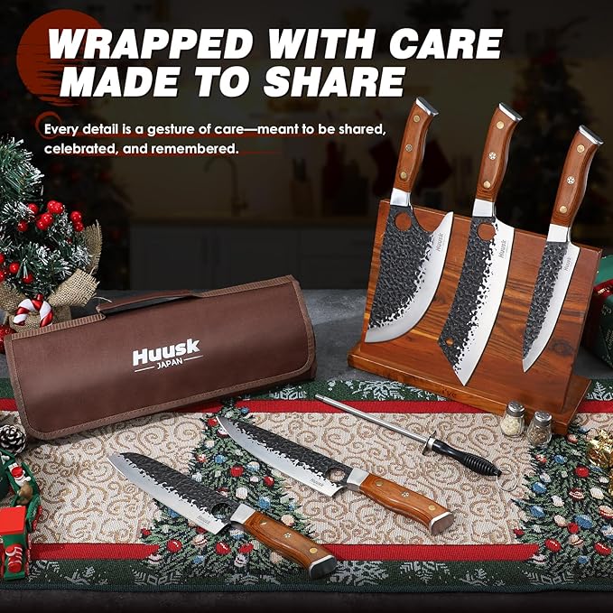 Huusk Butcher Knife Set, 8pcs Viking Chef Knife Set with Roll Bag, High Carbon Steel Forged Viking Knife, Meat Cleaver, Kitchen Knives Sets for Cooking Camping BBQ, Gift for Men Husband