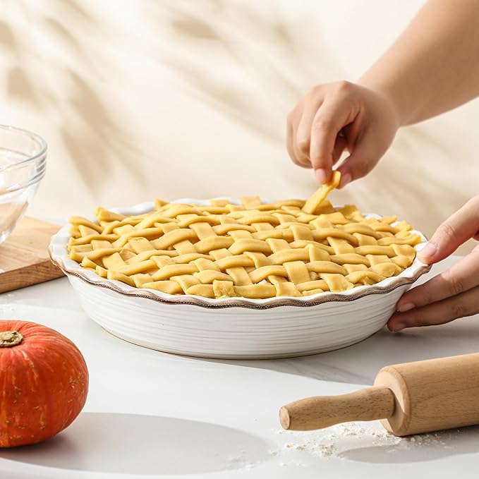 Frewinky Ceramic Pie Pan for Baking, 9 inch Pie Dish with Ruffled Edge, Nonstick Deep Pie Plate, Farmhouse Decor Quiche Tart Baking Dish for Thanksgiving, Microwave & Oven Safe, Set of 2