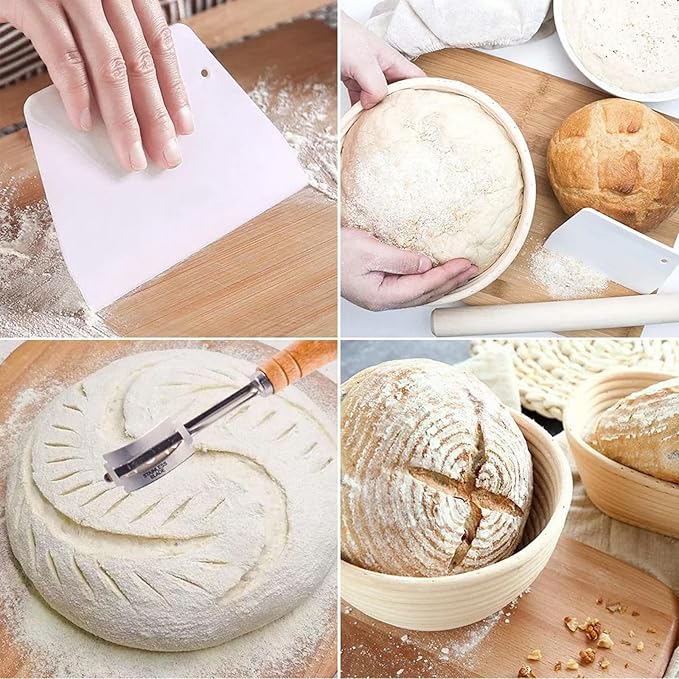Banneton Bread Proofing Basket - Rattan Proofing Baskets for Sourdough Bread | Banneton Baskets Bowls with Linen Liners for Artisan Homemade Bread Baking (9 inch & 10 inch Basket with Baking Supplies)