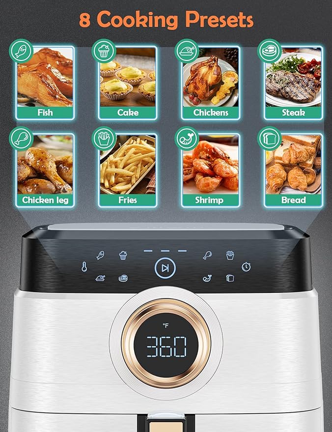 Air Fryer, ALLCOOL Airfryer Oven 8QT Large 1700W 8-in-1 with Touch Screen Air Fryers Dishwasher Safe Nonstick Basket Freidora de Aire 36 Recipes BPA & PFOA Free White