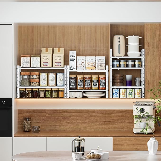 Expandable Stackable Aadjustable Shoe Rack Pantry Shelf for Kitchen Cabinets Counter Shelves Countertop Cupboard Storage Solution,Sturdy Heavy-Duty Metal Construction(3Packs/White/Large)