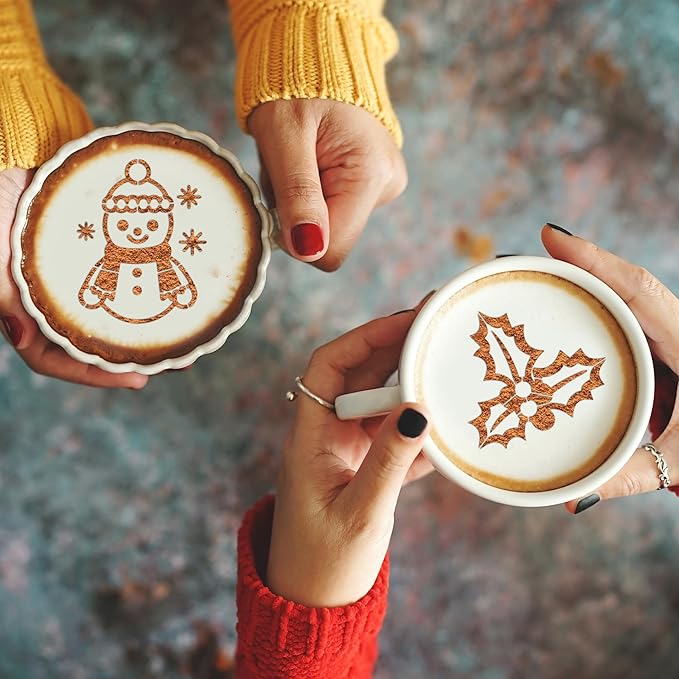 Christmas Coffee Cookie Stencils - 25 Pcs Reusable Small Latte Art Coffee Cookie Bread Baking Template Stencils, Snowman Holy Wreath Bow Gingerbread Template