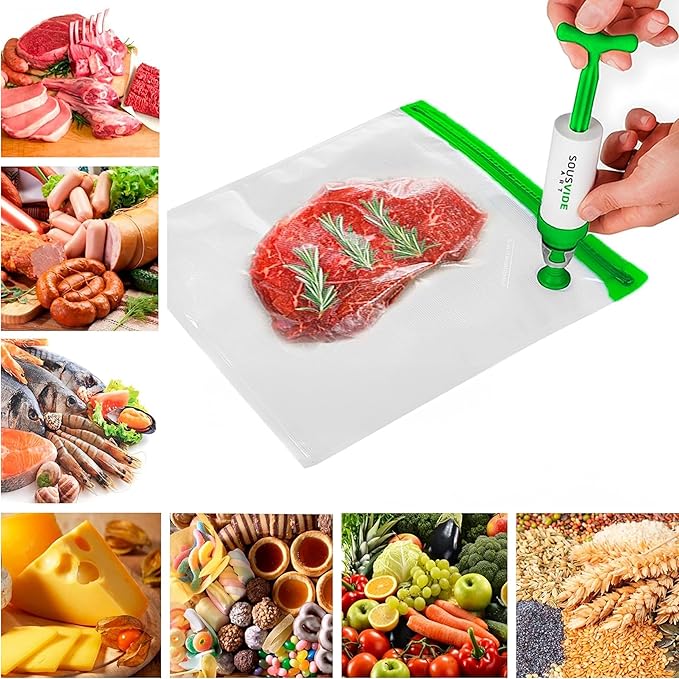 SOUSVIDE ART 37pcs Reusable Vacuum Seal Bags with Vacuum Sealer - 30 Cooking and Storage Bags of 3 Sizes with Pump and Sous Vide Cooker Accessories - Food Safe Kit, Keeps Food Fresh