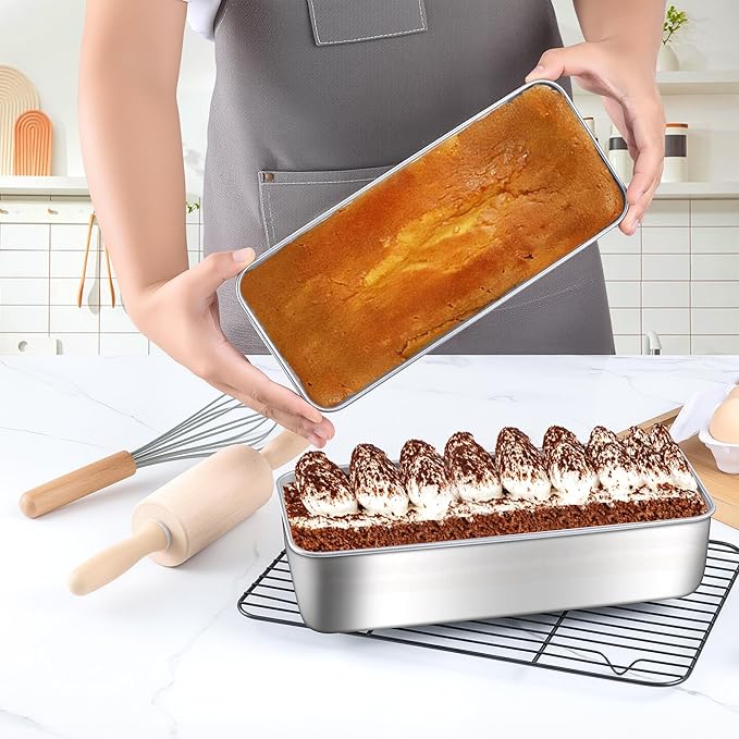 LIANYU 4 Pack 12 x 5 Inch Stainless Steel Loaf Pans, Large Bread Baking Pans Set for Lasagna, Meat, Cake, Brownies, Ice Cream, Healthy & Durable, Dishwasher & Freezer Safe