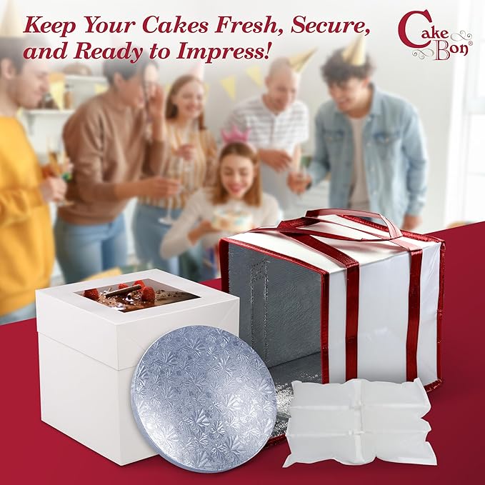 Cakebon Cake Box and Boards, 12-Inch Round Silver Smooth Edges 1/2- Inch Thick Drums with Insulated Bag and Ice Pack – Cake Transport Set, Cooler for Cake Delivery and Transport (1pc Each, 4pcs Total)