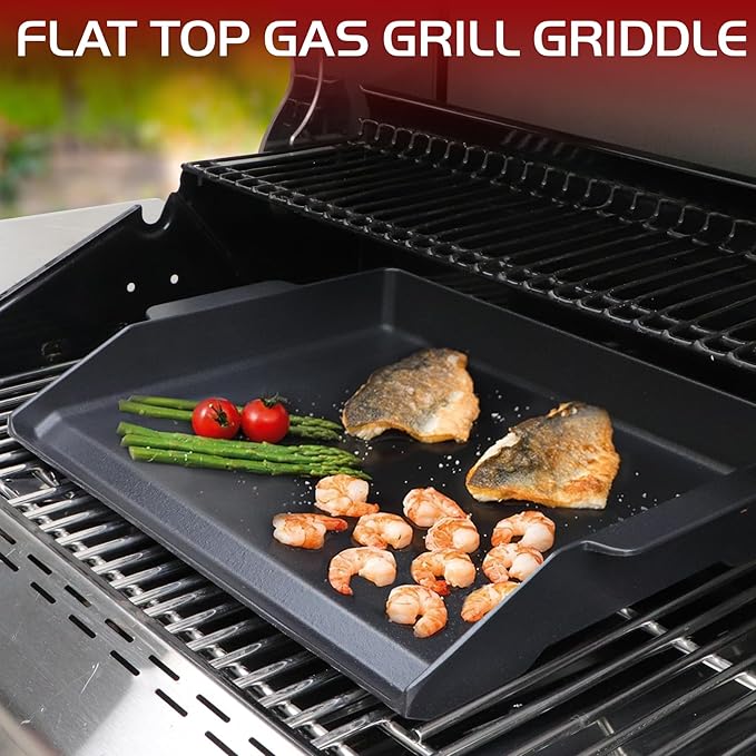 Cast Iron Griddle, Universal Stove Top Flat Griddle Charcoal Gas Grill Pan Insert for Weber Charbroil Nexgrill Replacement Parts Cooking Plate Outdoor Camp Tailgating Teppanyaki Accessory 17" x 13"