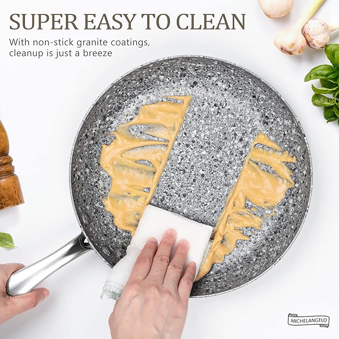MICHELANGELO 11 Inch Stone-Derived Nonstick Frying Pan with Lid, Aluminum