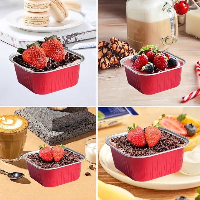 50 Pcs Mini Square Baking Cups with Lids,5oz Aluminum Foil Mini Cake Pans with Lids,Disposable Ramekins Cake Pans,150ml Dessert Cups Cupcake Pans for Wedding Birthday Party,Red
