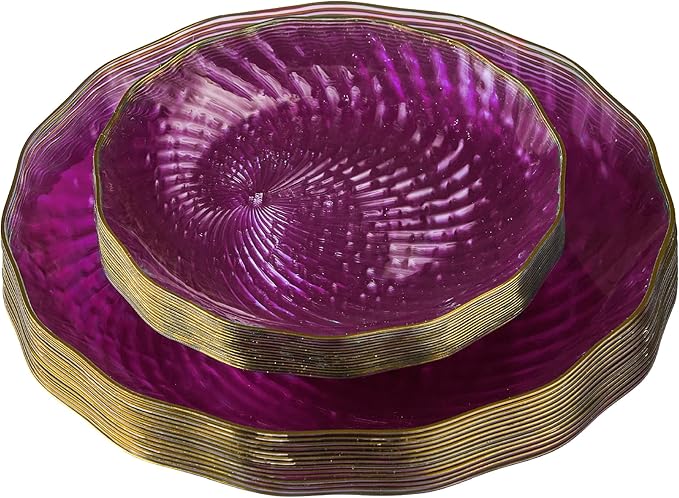 PLASTICPRO 120 Pack Plastic Plates Set of 60-10 inch Plates and 60-7 inch Plates, Elegant Clear Purple Spiral and Gold Rim Disposable Fancy Plates Premium Heavyweight