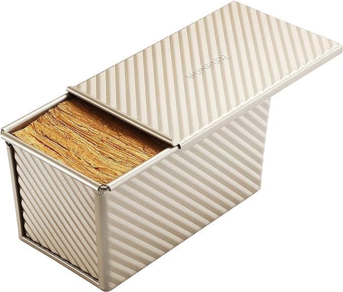 Monfish Pullman loaf Pan – loaf pan w lid - Wavy Non-Stick Toast Mold - Loaf Bread Baking Pan champagne gold (8.5x4.75x4.5)