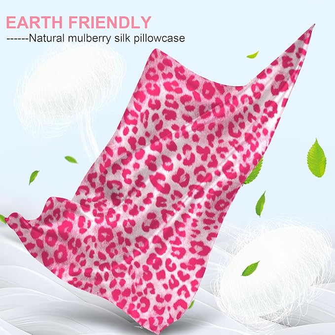 Mulberry Silk Pillow Cases Queen Size with Hidden Zipper, Ultra Smooth and Soft Breathable Cooling Silk Satin Pillowcase for Hair and Skin, Gifts for Women Men (Leopard Pink, 20x30 Inches, 1 Pack)