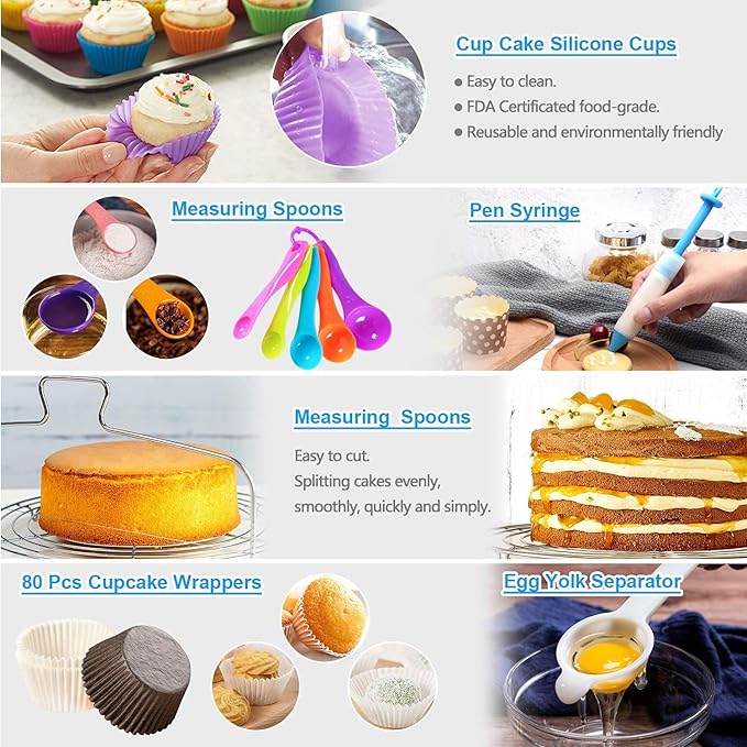Gawren-H&E Cake Decorating Kit, 678pcs Cake Decorating Supplies Tools Kit with Cake Carrier,Rotating Turntable,Piping Bags and 74 Tips set,Cake Pan Set,Cake Baking Supplies for Beginners/Professional