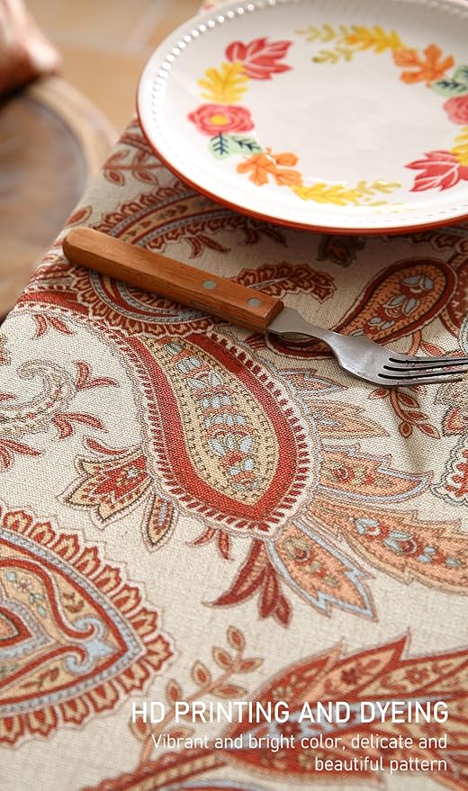 ISAENNE Designer French Red Tablecloth Rectangular,Fall Linen Table Cloth with Cashew Pattern,Stain Proof Decor Tablecloths for Dining Thanksgiving Kitchen Christmas,55"*79"-Chauffrey D