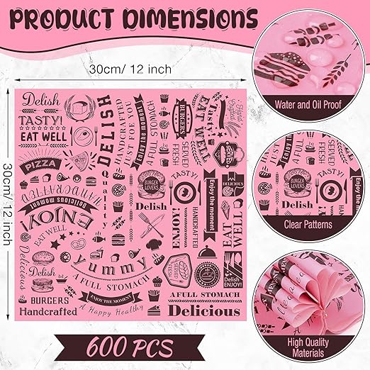 Outus 600 Pcs 12 x 12 Inch Deli Wax Paper Sheets Grease Resistant Tray Basket Liners Newsprint Paper Water and Grease Proof Sandwich Wrapping Square Hot Dog Wrappers for Food Baking (Pink,Black)