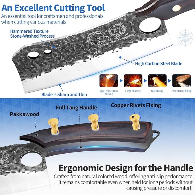 XYJ Authentic Since 1986, Knife Block Set, Full Tang Knives Set with Holder, Cutting Board, Sharpener Rod, Scissors, Cut Resistant Gloves, High Carbon Steel Blades, Cleaver, Slicing Kitchen Knives