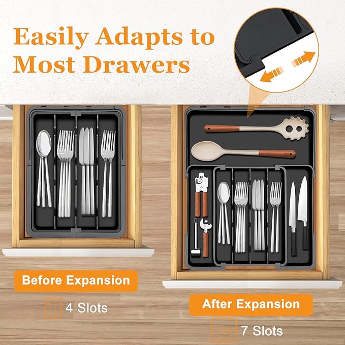 Homecor Silverware Organizer Expandable Kitchen Drawer Organizer with 7 Slots, BPA Free Cutlery Utensil Drawer Organizer, Kitchen Utensil Storage Tray for Forks Knives Spoons, Anti-Slip, Black