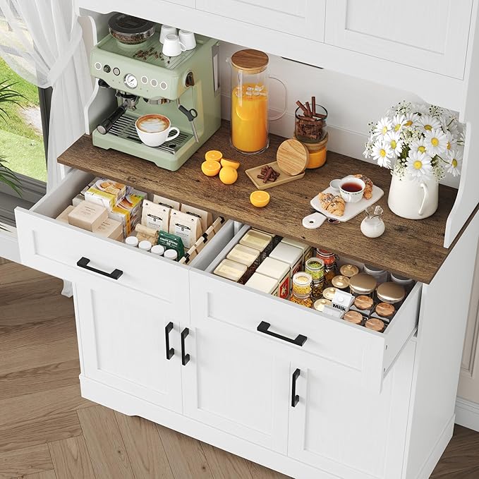 FACBOTALL Tall Kitchen Pantry Cabinet, Farmhouse Food Pantry Cabinet with Doors and Adjustable Shelves, Kitchen Hutch with Countertop and Microwave Stand for Dining Room, Living Room, White
