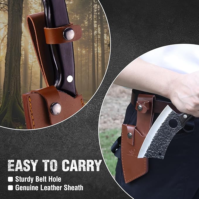 Mossy Oak Meat Cleaver Knife, Butcher Knife with Genuine Leather Sheath, Hand Forged Kitchen Knife Full Tang Handle for Meat and Vegetable Cutting, Outdoor Cooking and Camping